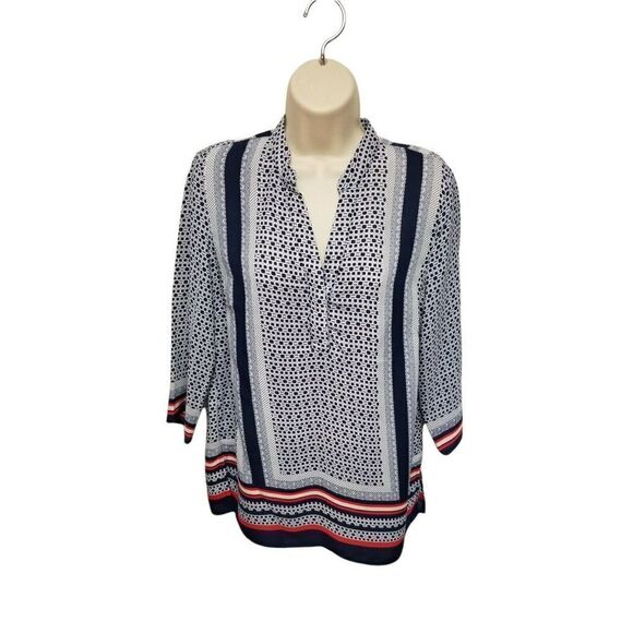 Adrienne Vittadini Women's Size Small Popover Printed Shirt Top Navy Blu… - Picture 1 of 7